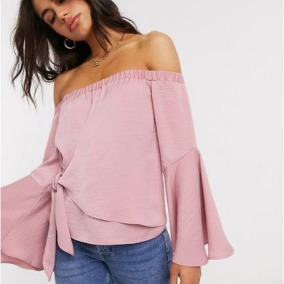 ASOS Off Shoulder Drape Faux Wrap Bell Sleeve Top Dusty Pink Size 0 - Picture 3 of 9